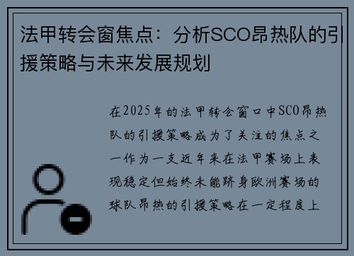法甲转会窗焦点：分析SCO昂热队的引援策略与未来发展规划