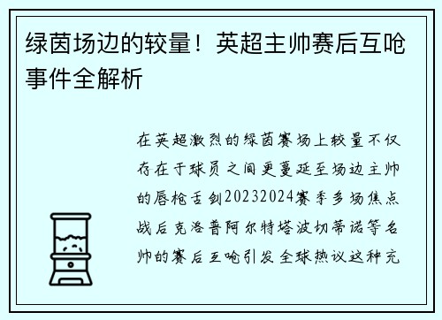绿茵场边的较量！英超主帅赛后互呛事件全解析